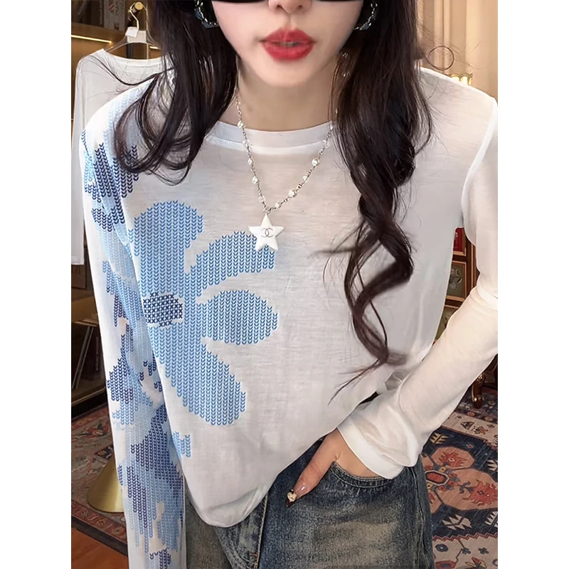 美式防晒蓝色花朵长袖T恤女2025夏季新款薄款透气休闲风罩衫上衣