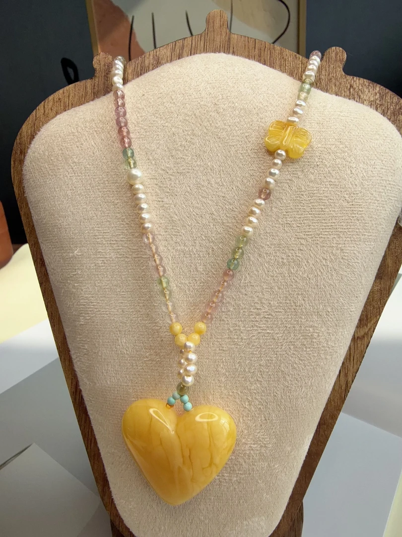 蜜蜡爱心吊坠碧玺珍珠项链百搭鸡油黄鸡油黄长链