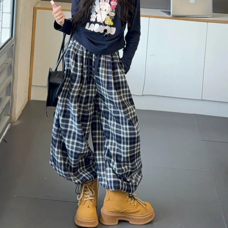 女童秋季抽绳格子裤2025秋新款休闲时尚宽松显瘦高腰外穿中大童款