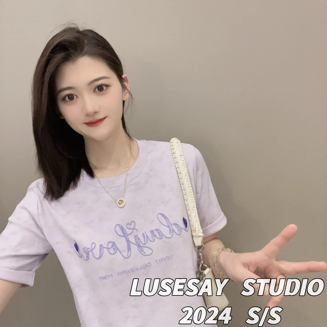 LUSESAY 设计感扎染刺绣亮片 2025新款重工短袖百搭休闲时尚T恤女