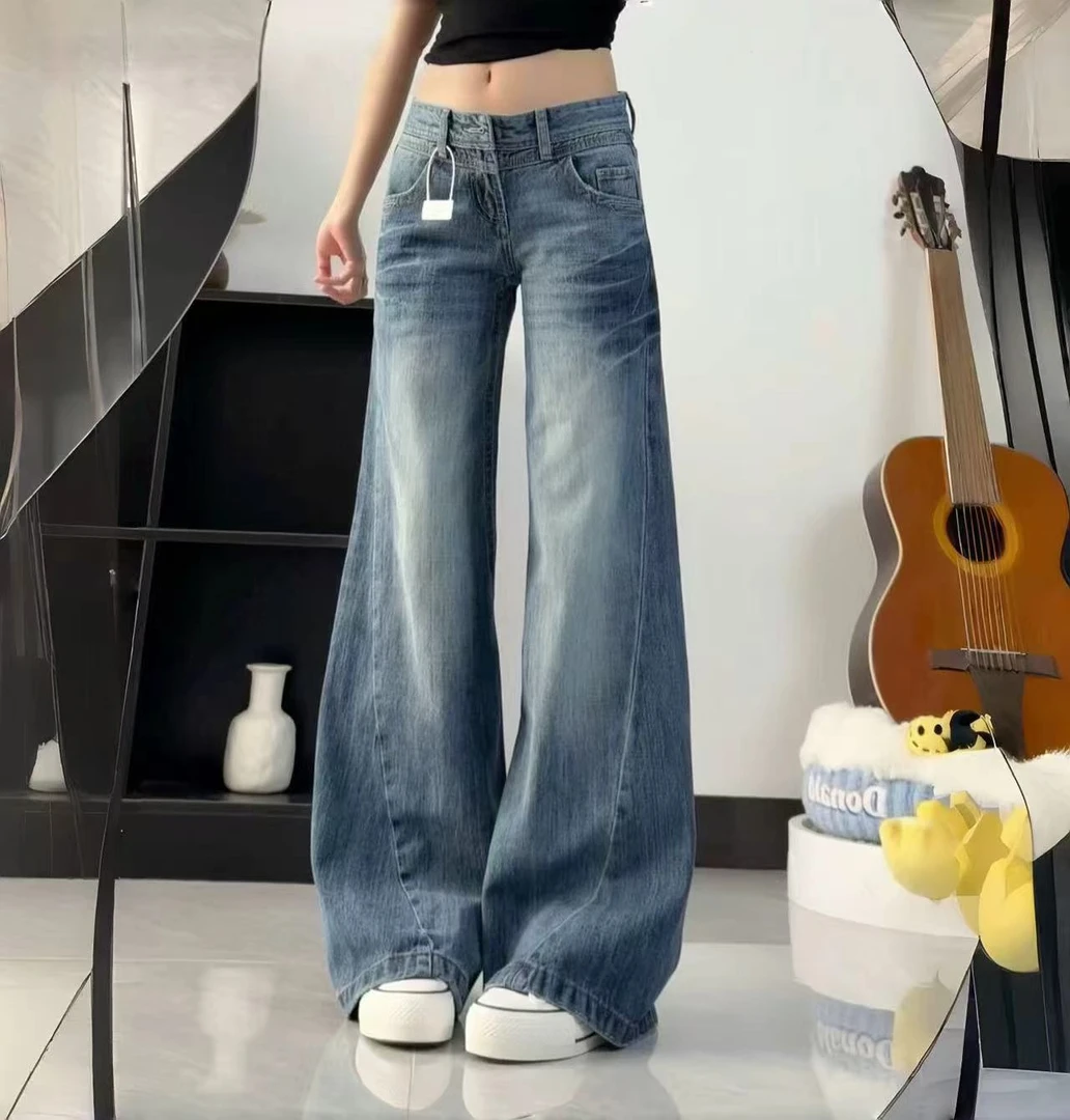 美式复古水洗弯刀牛仔裤女春秋新款低腰宽松阔腿显瘦直筒微喇裤子