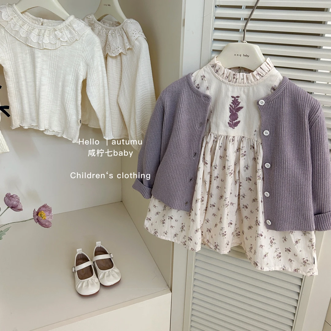 【现】女童毛衣套装春秋新款碎花连衣裙两件套儿童纯色开衫秋装