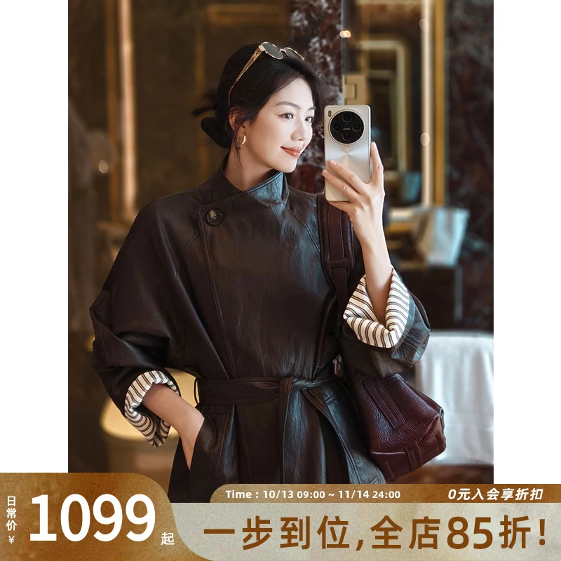 美洋MEIYANG 咖啡糖风衣 金属丝蛋白皮_褶皱肌理英伦中长外套