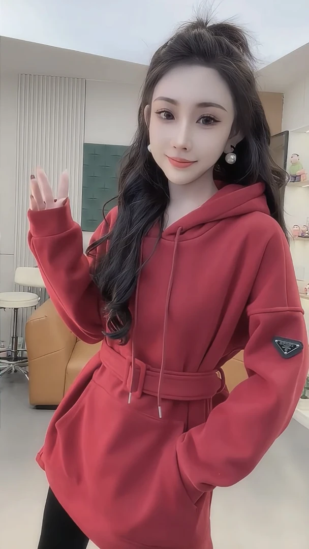 2025连帽长袖卫衣女秋冬新品中长款高级设计感收腰系带ins