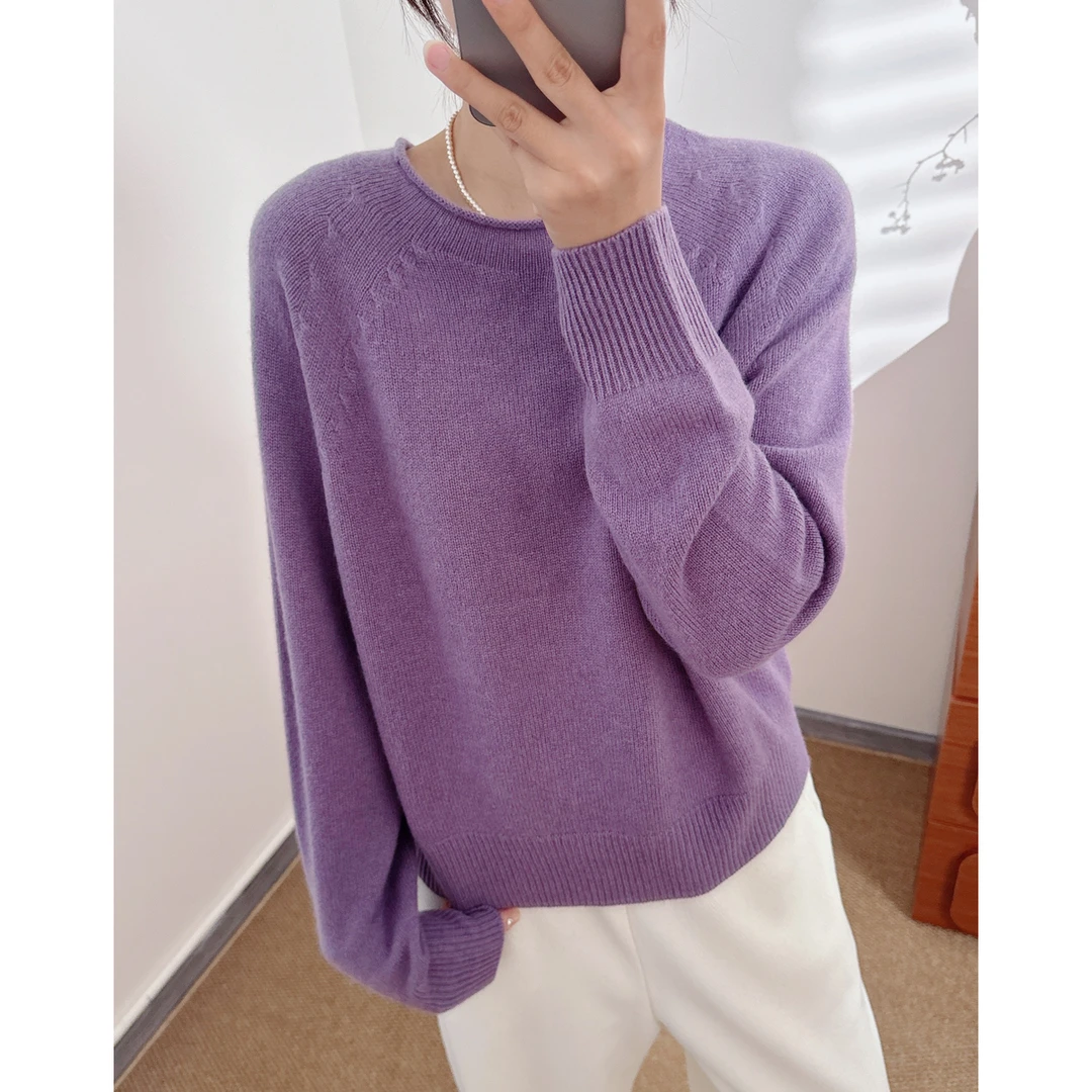 100%小山羊绒宽松型圆领2025秋冬新款加厚羊绒针织打底衫百搭上衣