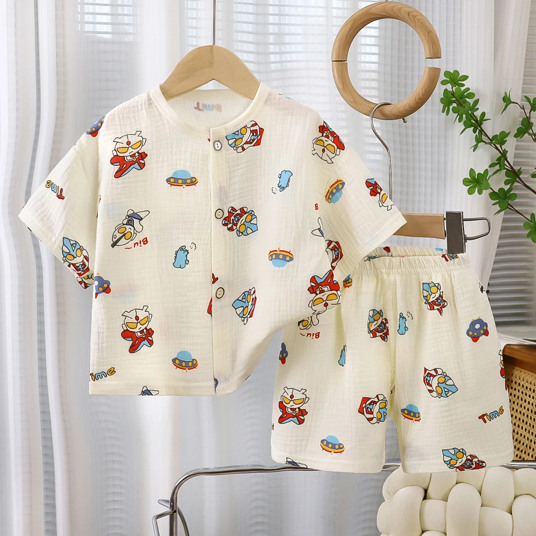 夏季薄款宝宝开衫家居服套装男童半袖夏天短袖宽松透气纱布空调服