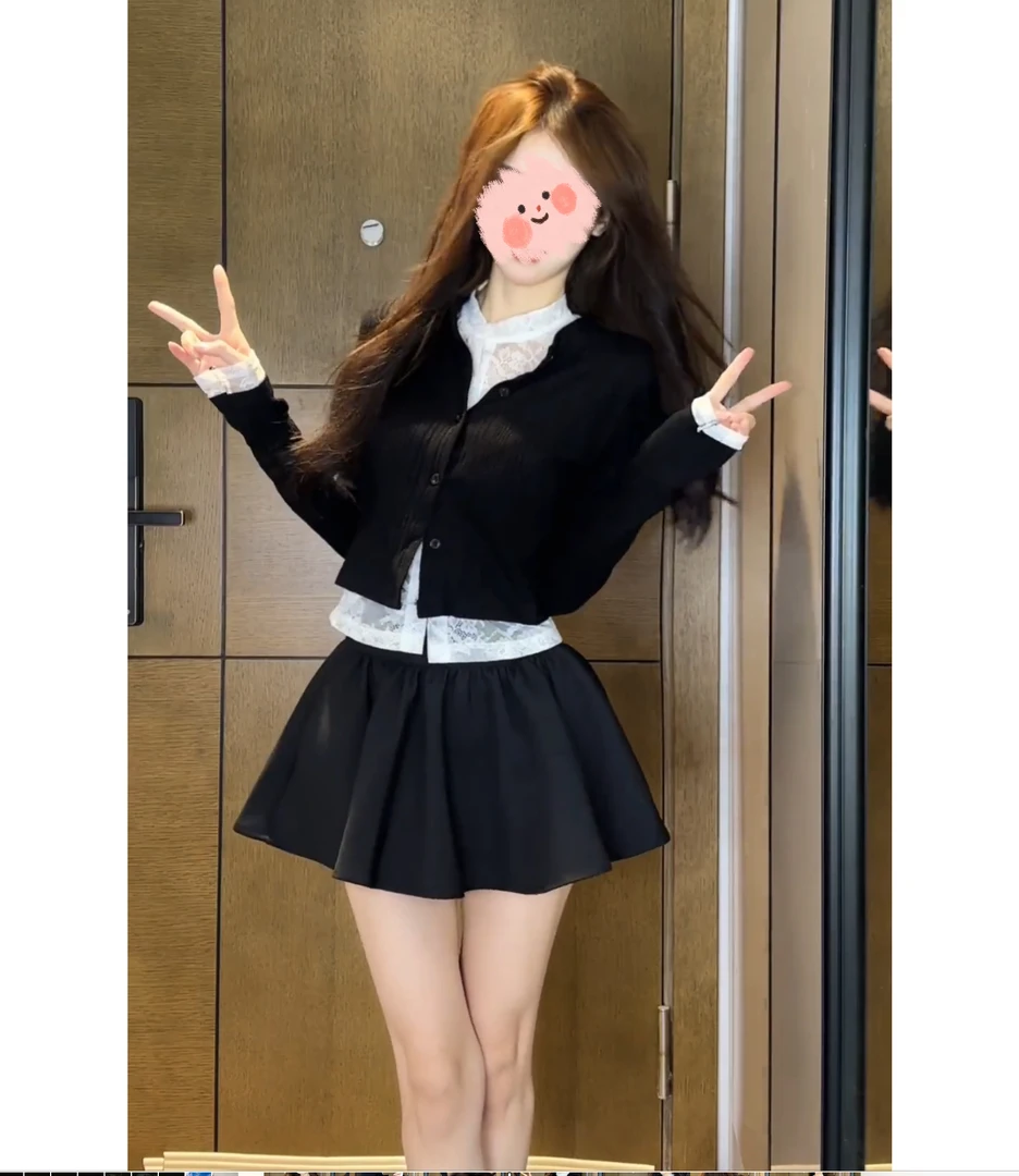 纯欲风辣妹套装女2025早春新款蕾丝背心短款开衫蓬蓬半身裙三件套