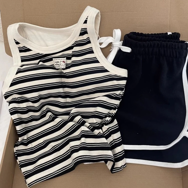 夏日焕新设计感条纹kitty猫带胸垫睡衣女夏季新款背心短裤居家服