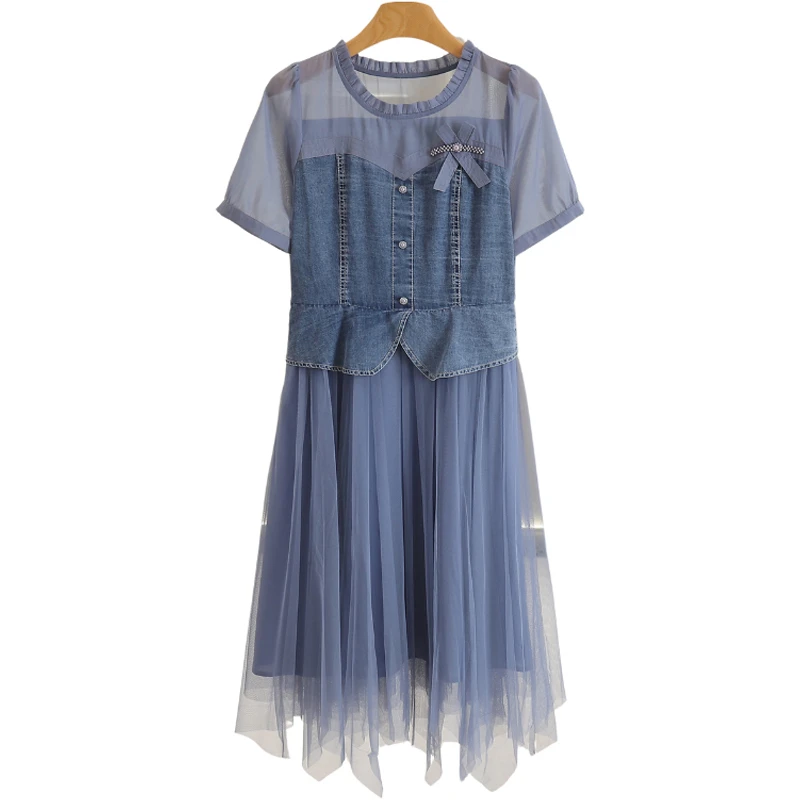 F657-【惠】假两件显瘦圆领百褶网纱连衣裙#QQB56L099