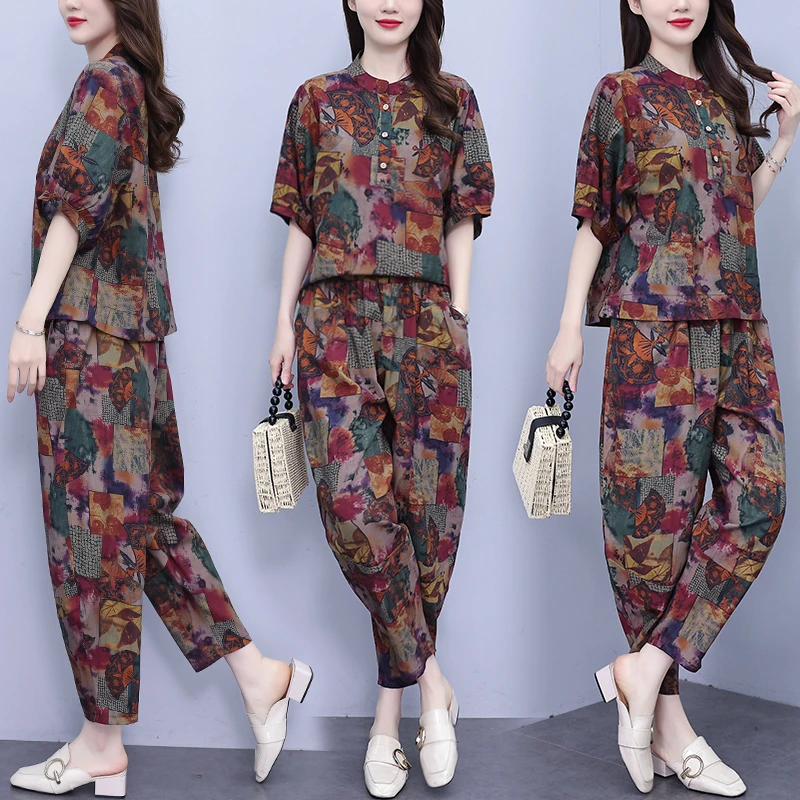 大码胖mm遮肚显瘦碎花套装女夏短袖上衣休闲哈伦裤洋气减龄两件套