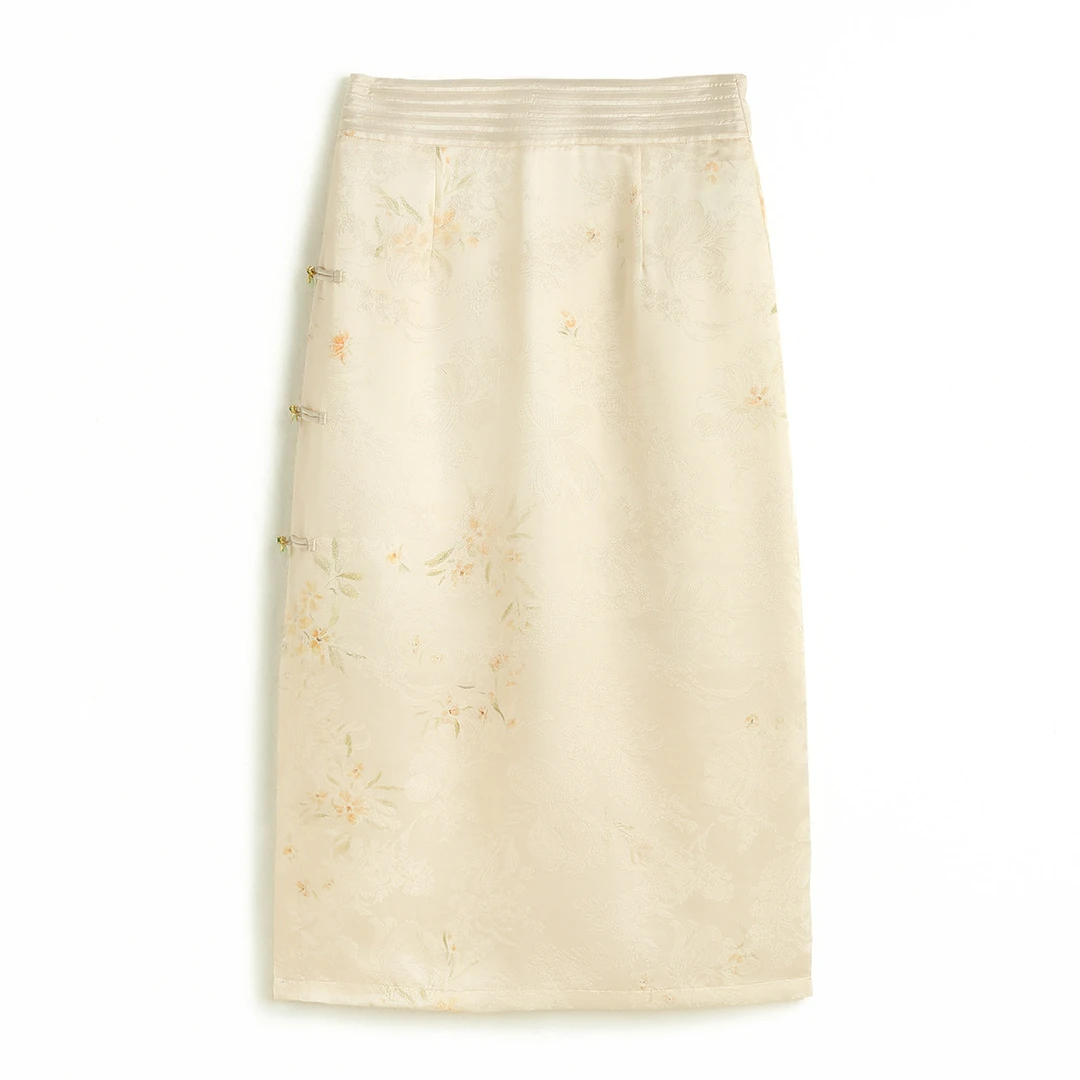 春秋新中式盘扣温婉优雅桑蚕丝开叉裙半截裙ES2F1208Z