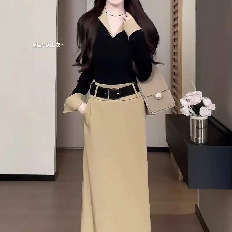 小卓 设计感套装裙女黑色假两件V领上衣直筒半身裙两件套988553