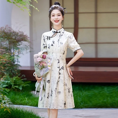 现货四季青十三行夏季国风新中式仿缎面印花提花短袖连衣裙旗袍