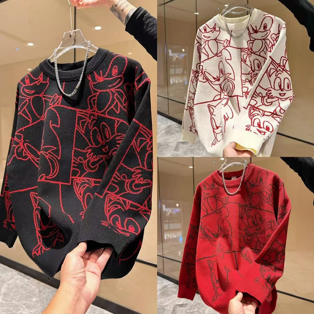 冬季百搭时尚休闲个性潮流卡通图案圆领套头长袖男款针织衫毛衣