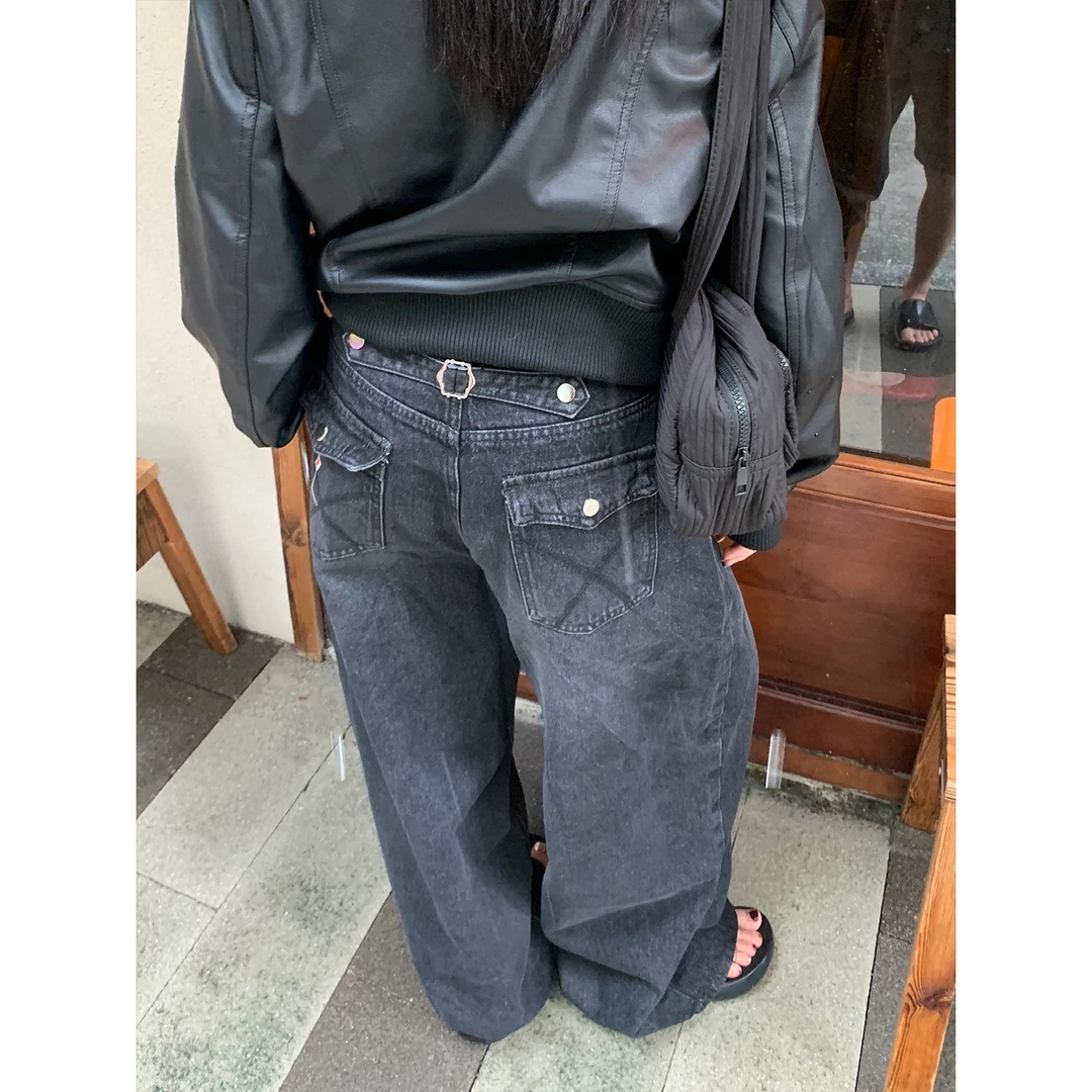 木子羊 美式复古做旧后面纽扣自然压褶猫须百搭直筒阔腿裤男女ins