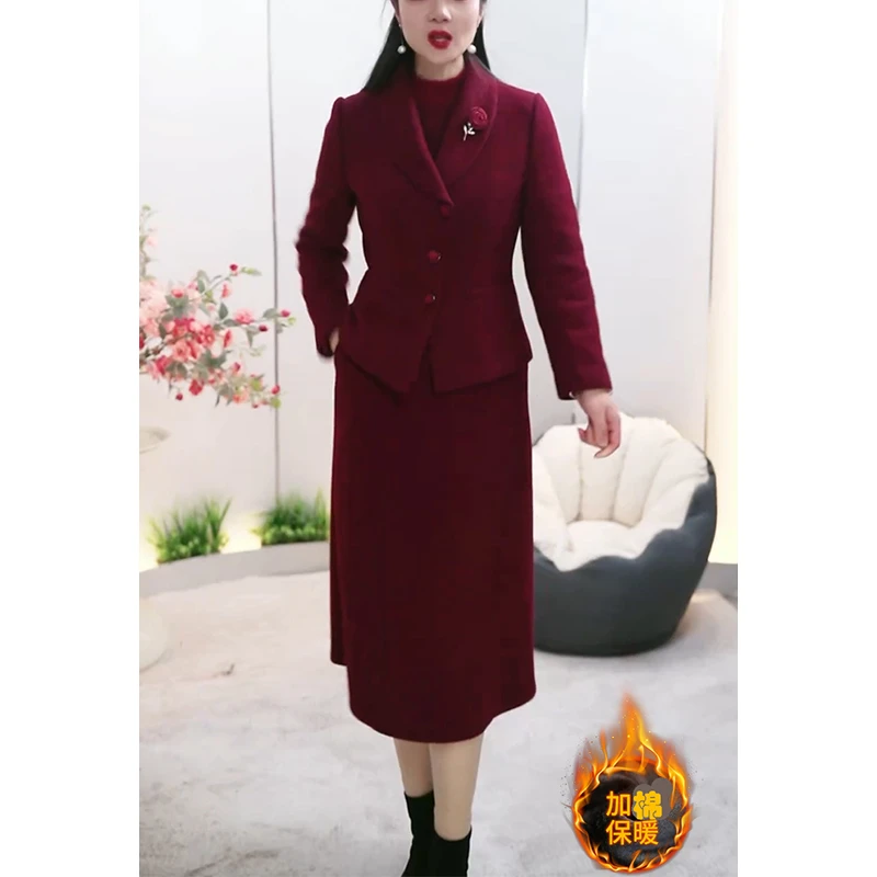 秋冬加厚妈妈装红色连衣裙两件套装女时尚气质显瘦高级感套装裙子