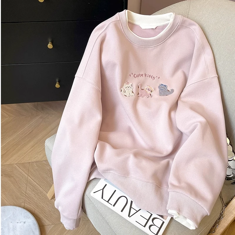 韩系chic宽松慵懒小猫刺绣圆领粉色卫衣男女甜美减龄假两件上衣潮