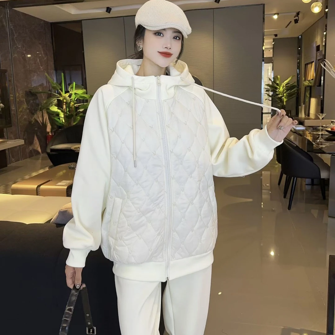 2025秋冬新款胖MM大码慵懒风连帽开衫夹棉外套加绒裤子休闲套装