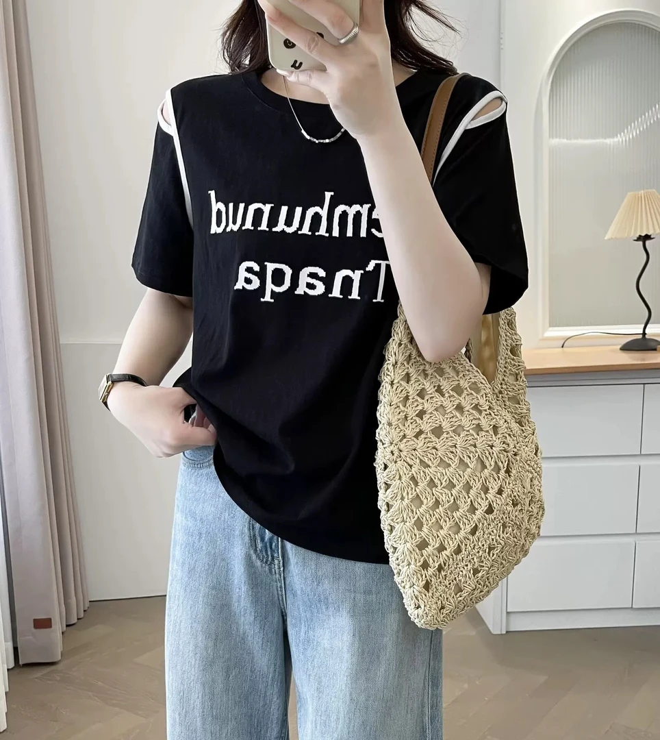 薇莎5360【现货】字母漏肩字母显瘦圆领T恤