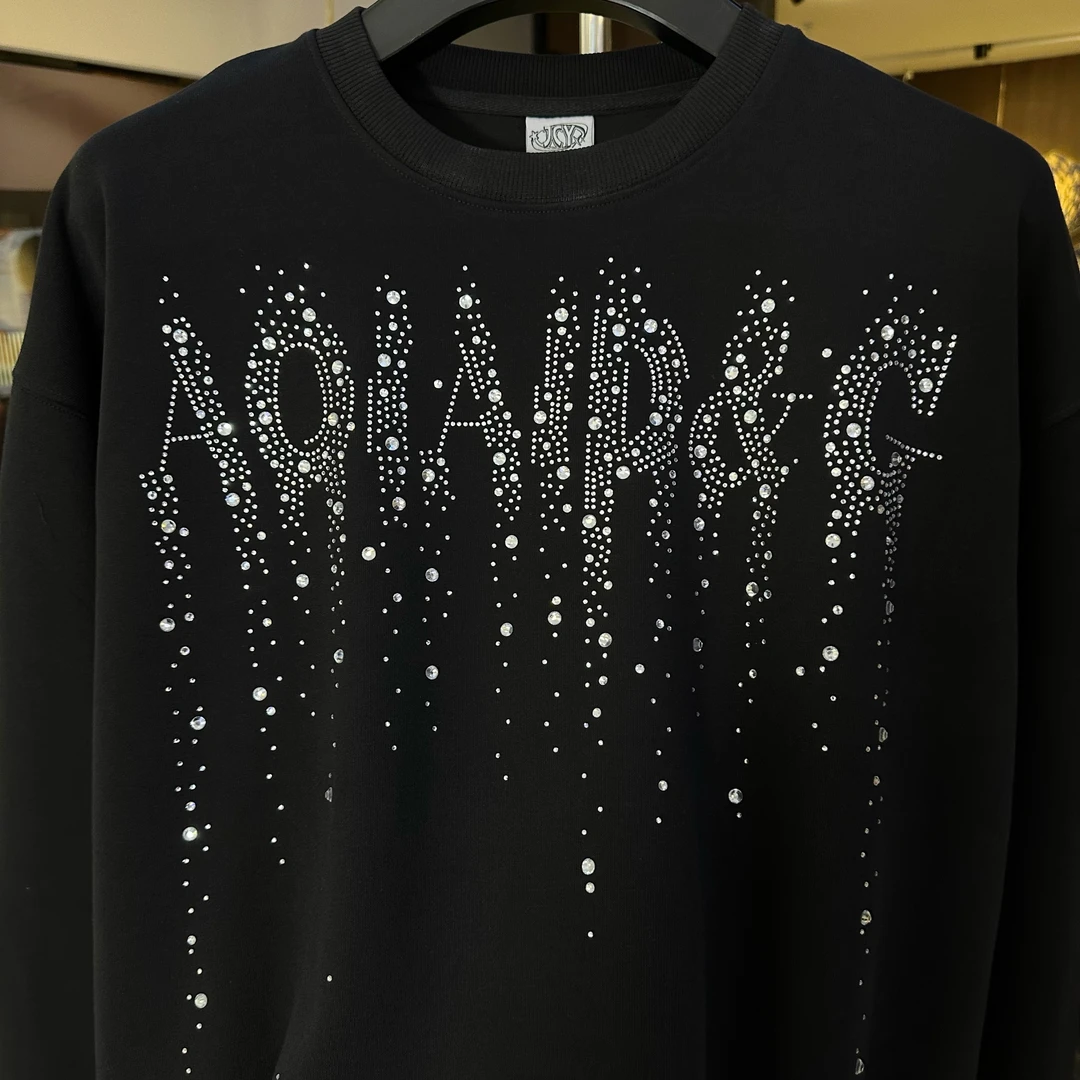 男士新款秋冬圆领烫钻宽松休闲黑色重工镶钻卫衣上衣套头长袖时尚