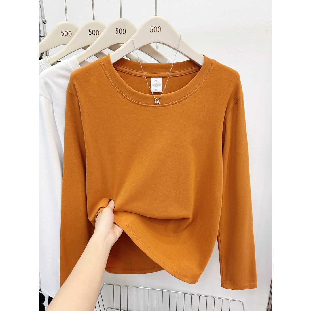 大码女装正肩长袖T恤早秋季2025新款纯色百搭圆领内搭打底衫上衣