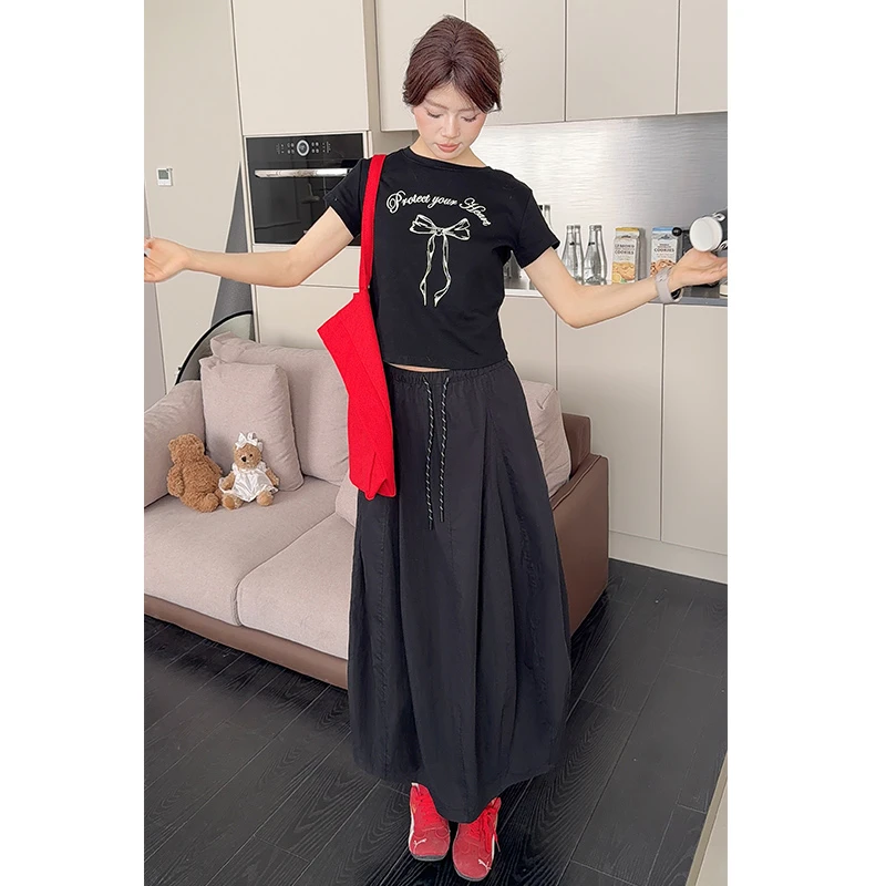 藏青色拼接半身裙夏季薄款2025新款休闲宽松小个子高腰a字南瓜裙