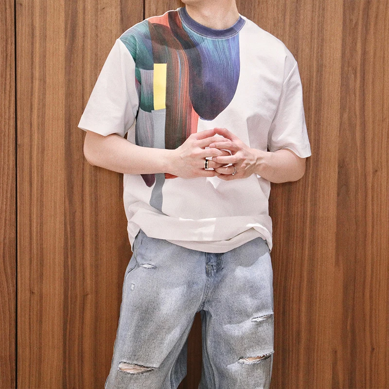 春夏上新日系复古彩绘印花圆领短袖T恤男宽松高级感夏季半袖