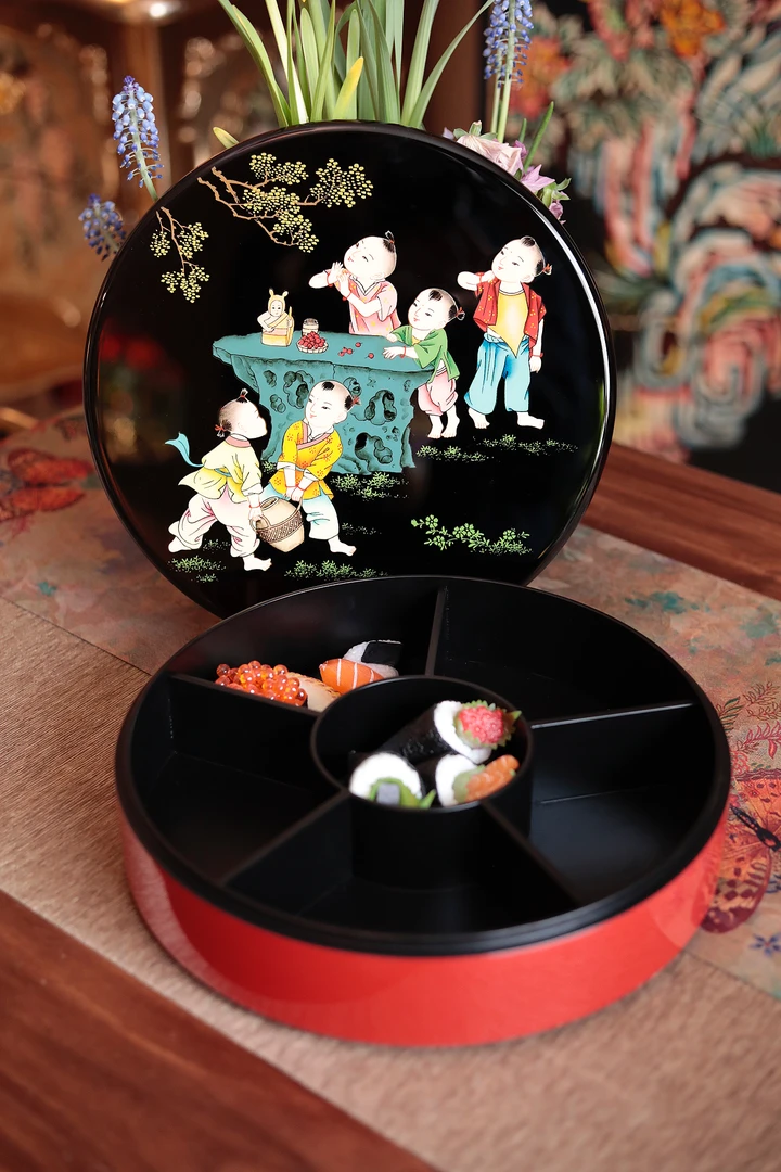 潇允饰家/漆器食盒/百子图/手绘箱/木质/桌面摆件
