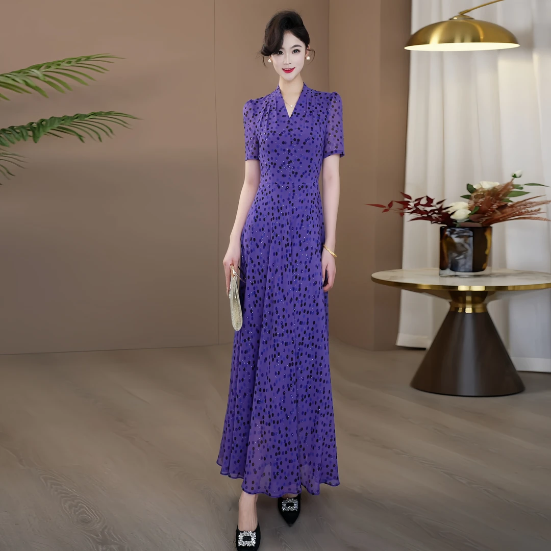 轻奢紫色连衣裙2025夏季薄款高贵波点晕染优雅浪漫大摆裙147