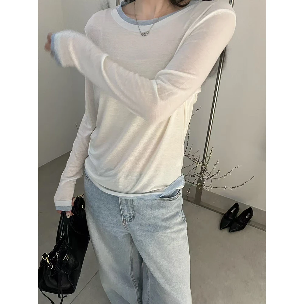 MISS RUILI 百搭休闲显瘦圆领宽松拼接长袖罩衫F0327