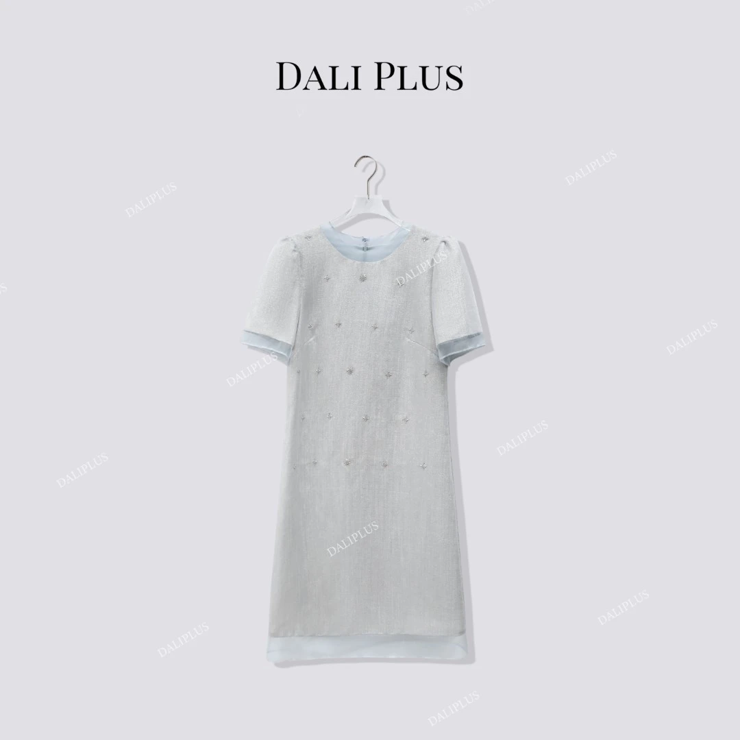 DALI PLUS天丝麻纯手工钉珠”拼接桑蚕丝纱小香风连衣裙-D5XH0080
