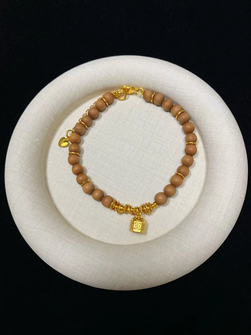 铜合金木质手链 COLA 5034{金福•檀香} 国风复古福字印章吊坠手链