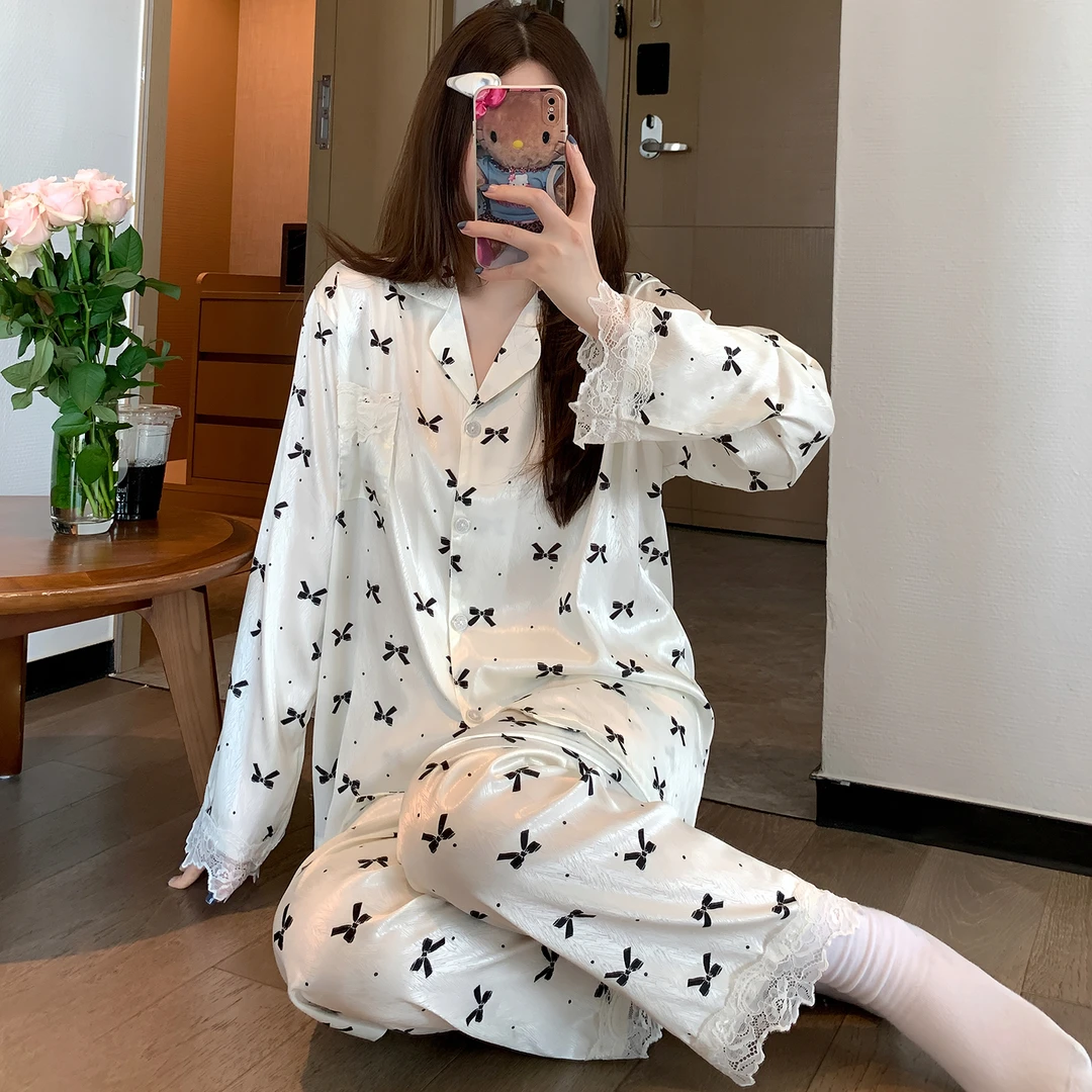 秋季ins轻奢缎面蝴蝶结冰丝睡衣女2025新款春秋长袖家居服可外穿