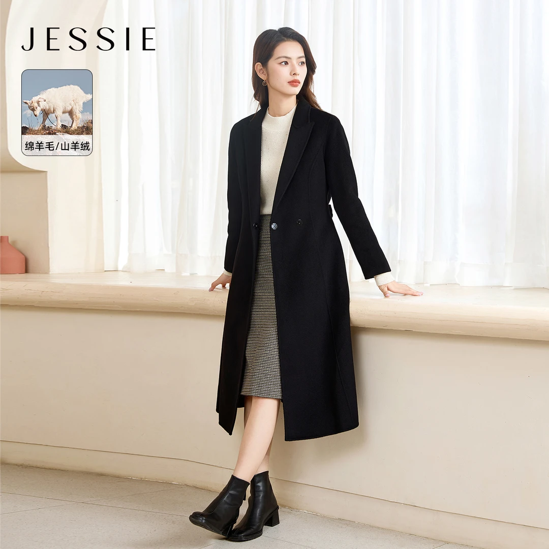 【刘校长专属】JESSIE黑色赫本风简约绵羊毛大衣女2025春新毛呢外套