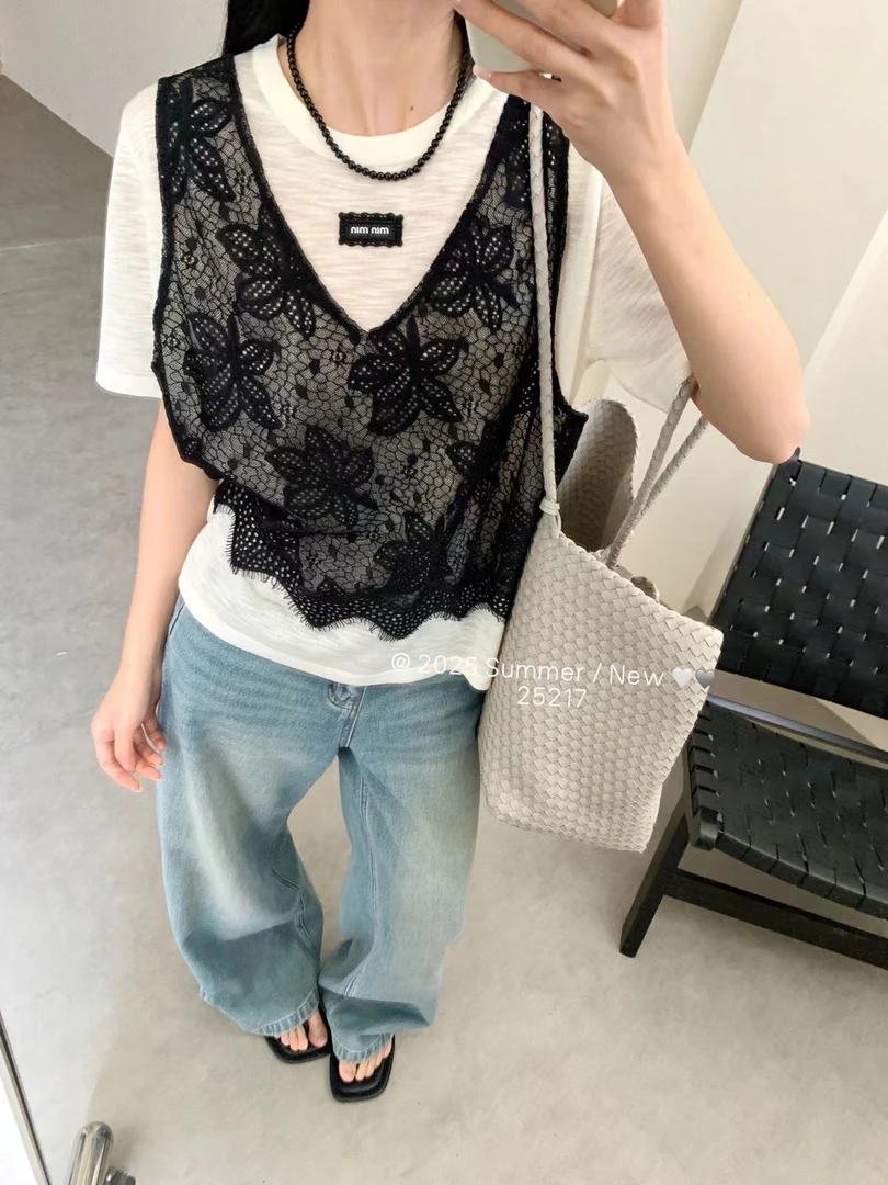 2025夏新款女士夏季针织两件套大码宽松时尚薄款亚麻针织短袖上衣