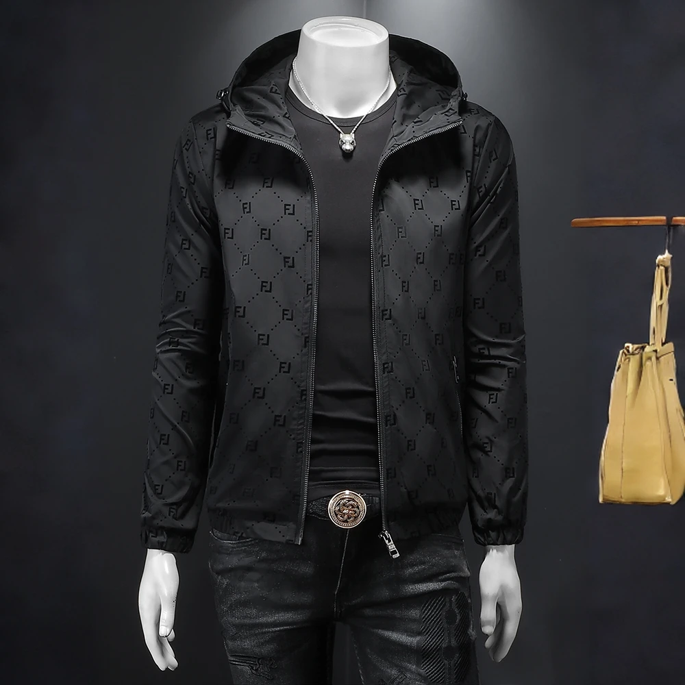 肯梅灵列连帽夹克男休闲绣花高级感黑色轻奢帅气外套潮流新款上衣