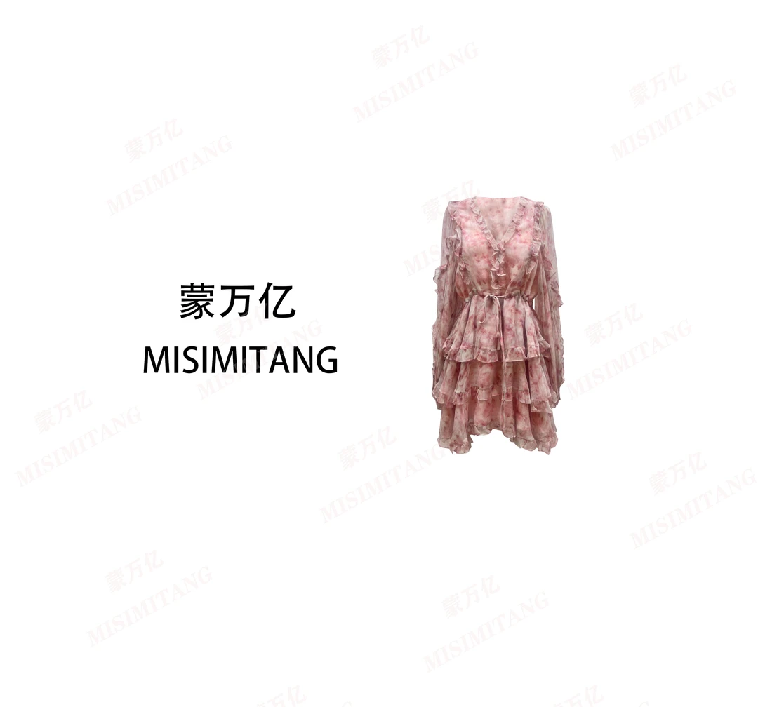 【甜心短款】春款上新粉色度假轻奢女装气质时尚连衣裙碎花显瘦长袖