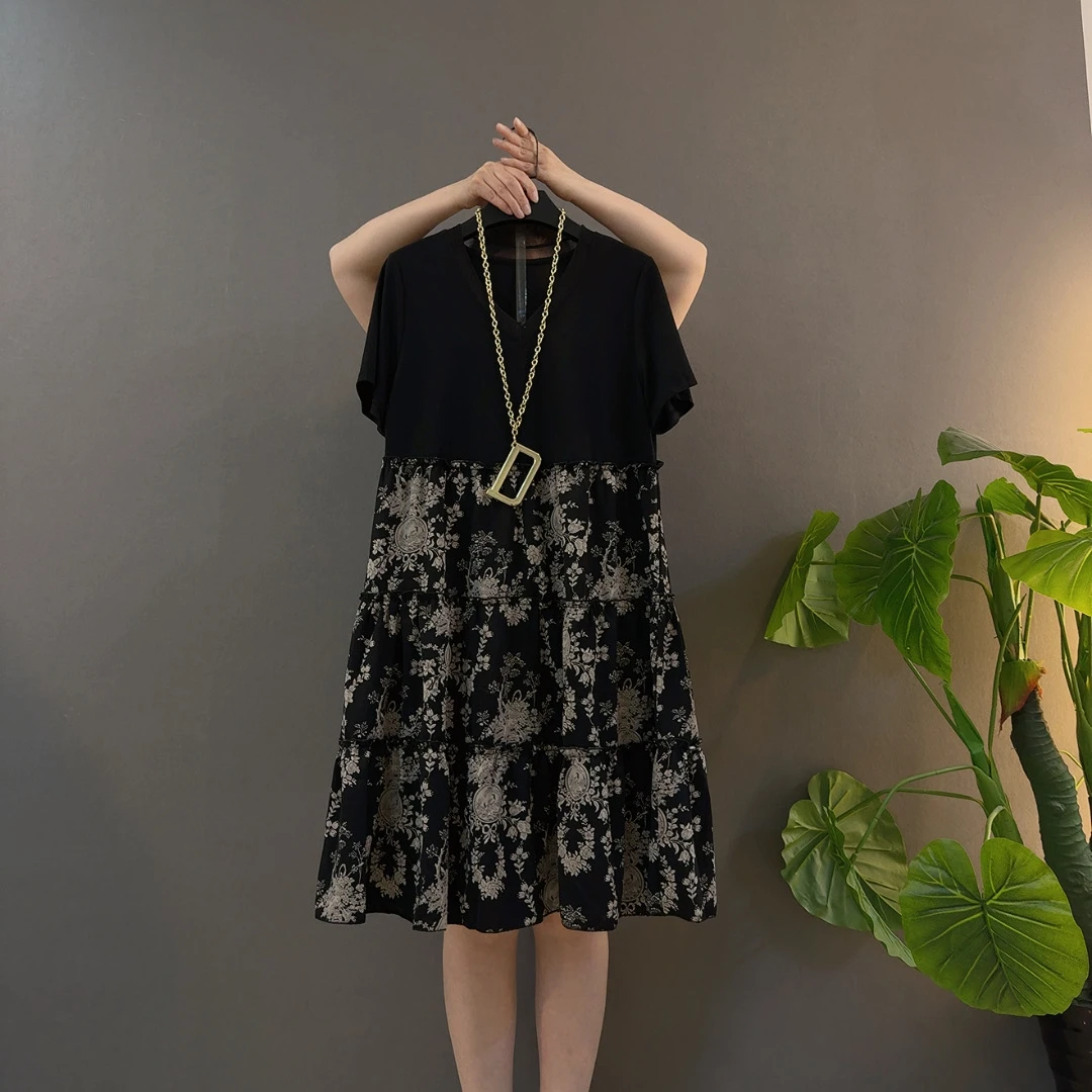 宽松腰夏季拼接基本款V领连衣裙宽松夏装御姐风