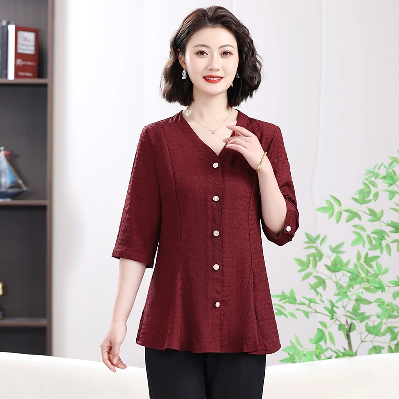 新款女装时尚开衫胖mm纯色妈妈夏季中老年衬衣上衣七分袖宽松小衫