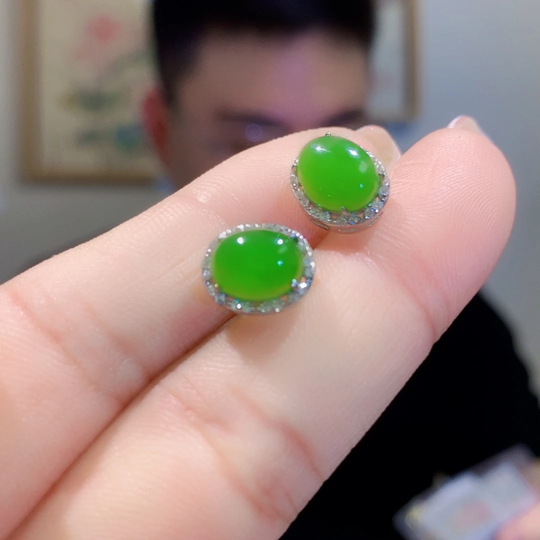 和田玉（碧玉）耳饰银S925镀金镶嵌