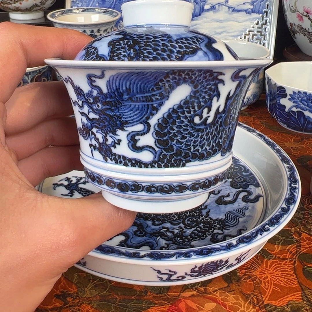瓷杯子松风馆龙纹马蹄盖碗
