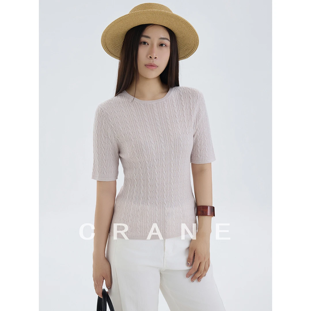 【CRANE】25夏款简约精致羊绒真丝小麻花 小圆领短袖针织上衣