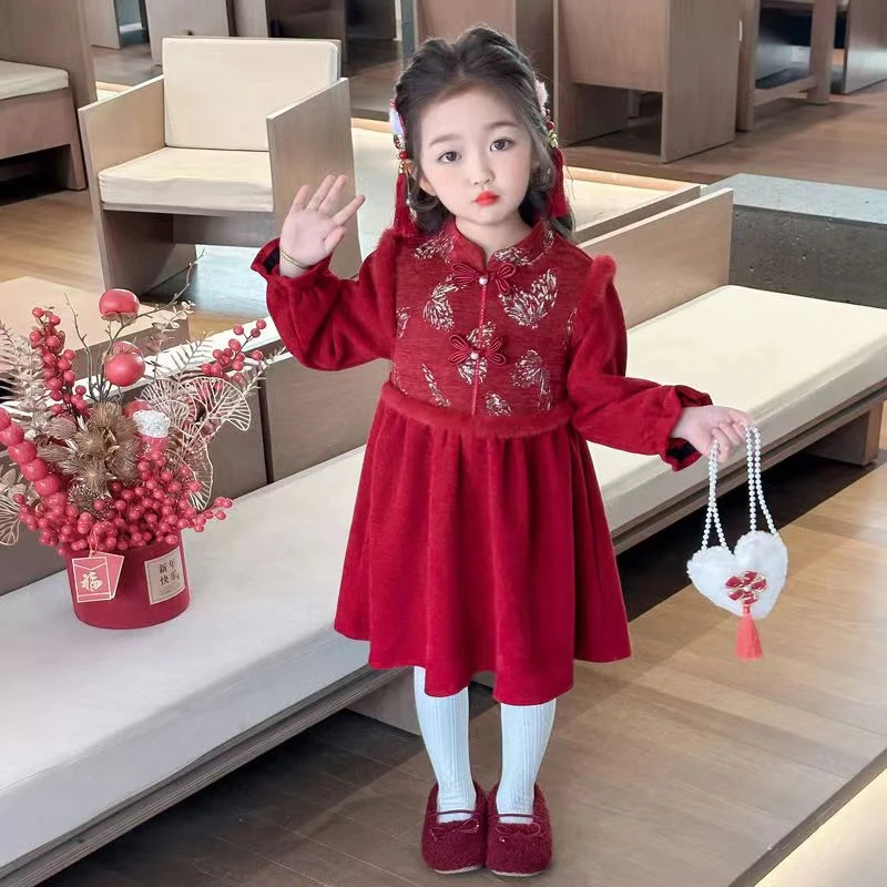 女童秋冬连衣裙2025时尚新款洋气时髦拜年服女宝宝冬季中式公主裙
