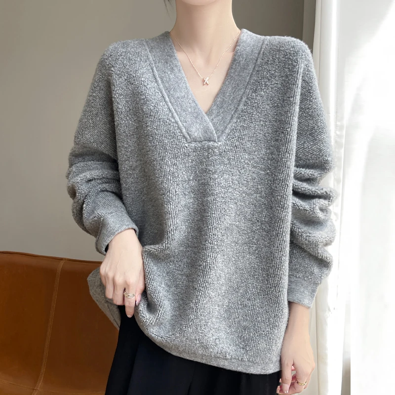 秋冬季100%纯羊毛衫女加厚毛巾绣V领套头毛衣宽松休闲百搭针织衫