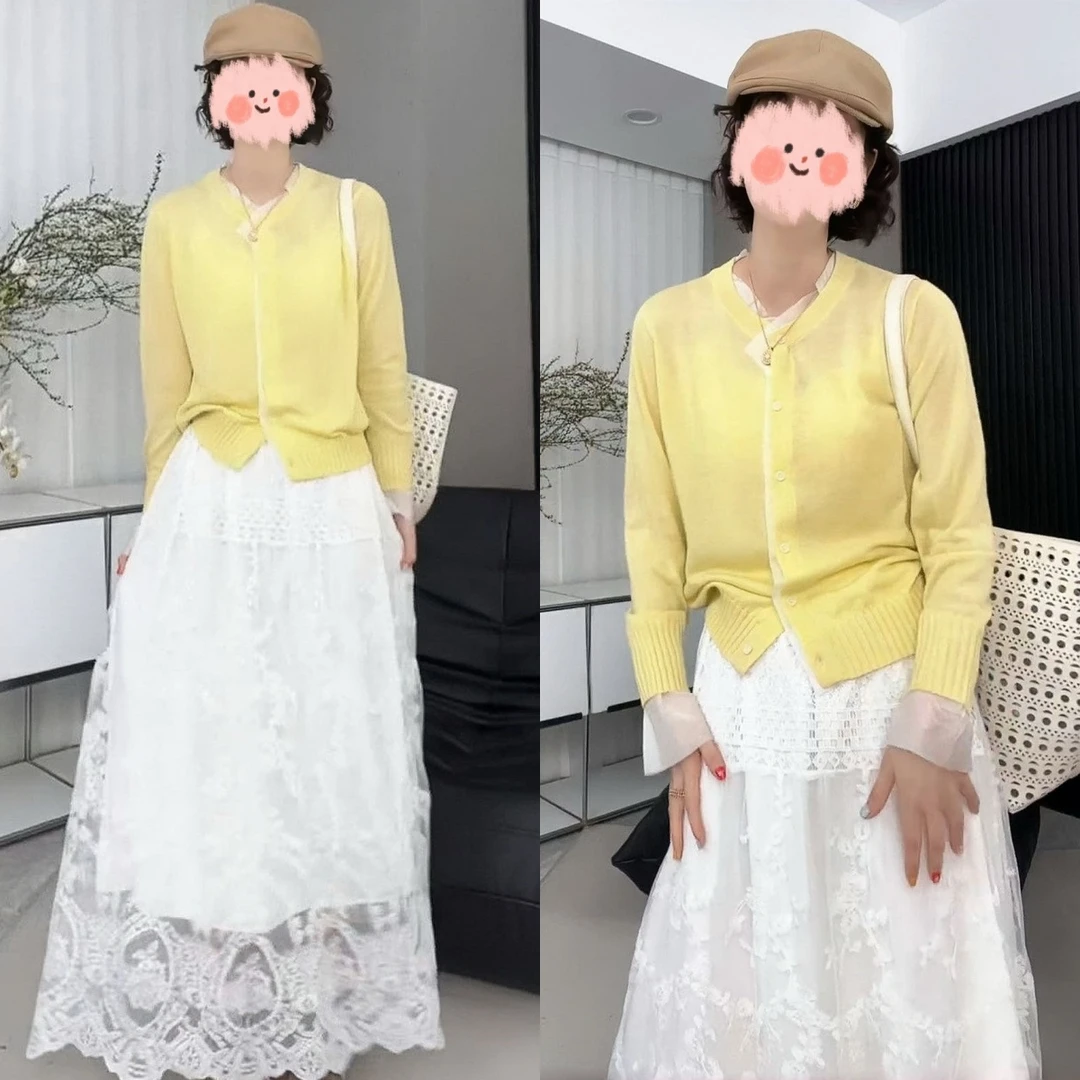 网红小众高级感女装欧若风拼接针织开衫外套百搭蕾丝半身裙两件套