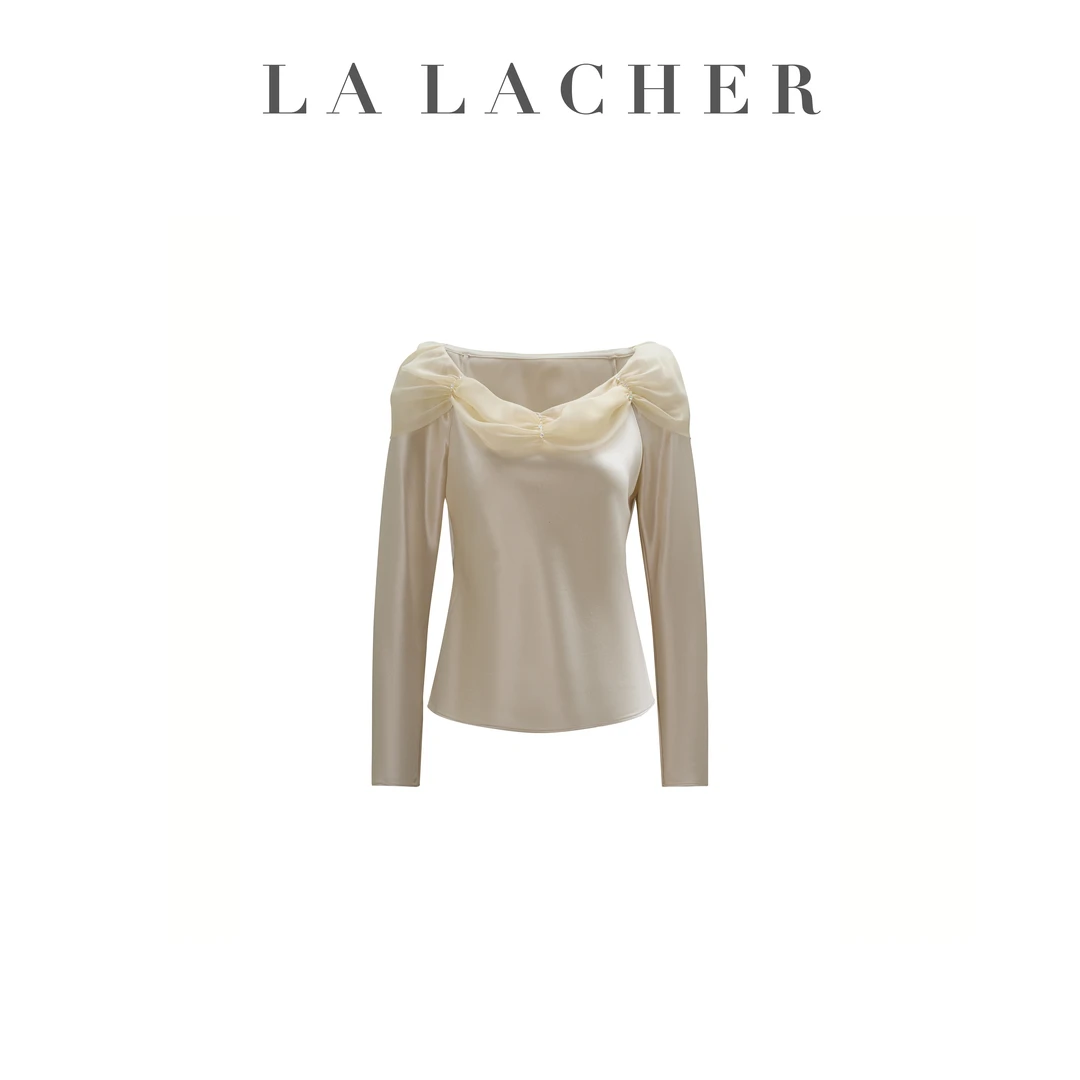 【浮光跃金】重磅三醋酸高级感气质优雅微露肩香槟色ZHEN丝拼接上衣