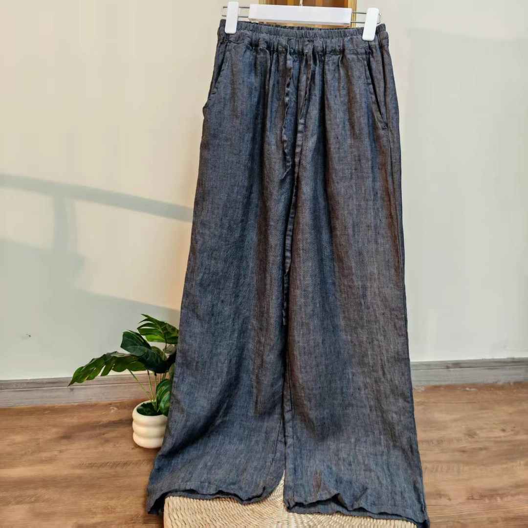 【云目悠悠】春夏季色织汉麻纯色抽绳直筒裤--2025618