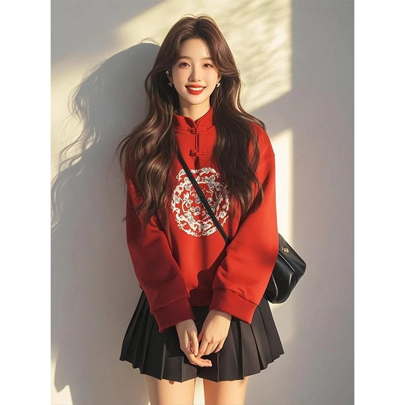 新中式国风红色毛衣女2025年春秋新款新年战袍显瘦设计感印花上衣