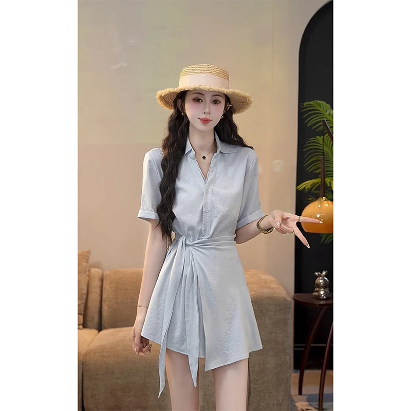 YUANLIANSU/圆脸酥【海盐泡芙】韩系风小清新V领衬衫+短裤两件套女