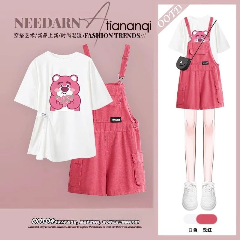 2025夏季新款时尚学院风印花宽松短袖T恤百搭高腰牛仔背带裤套装